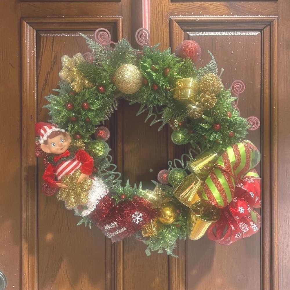 Handmade Christmas Elf Wreath Red Green Gold Holiday Decor Stocking Bells Bow